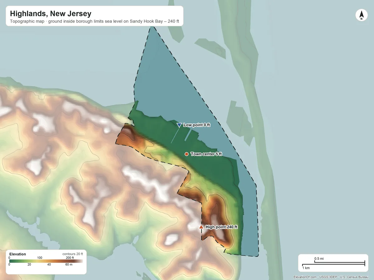 Topographic elevation map of Highlands, New Jersey, shaded from sea level level on Sandy Hook Bay to 240 ft on the south side