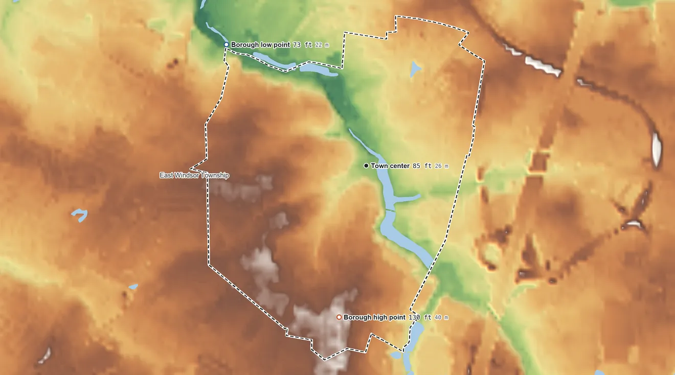 Topographic elevation map of Hightstown, New Jersey, shaded from 73 ft on the northwest side to 130 ft on the south side