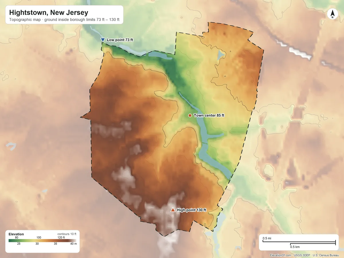Topographic elevation map of Hightstown, New Jersey, shaded from 73 ft on the northwest side to 130 ft on the south side