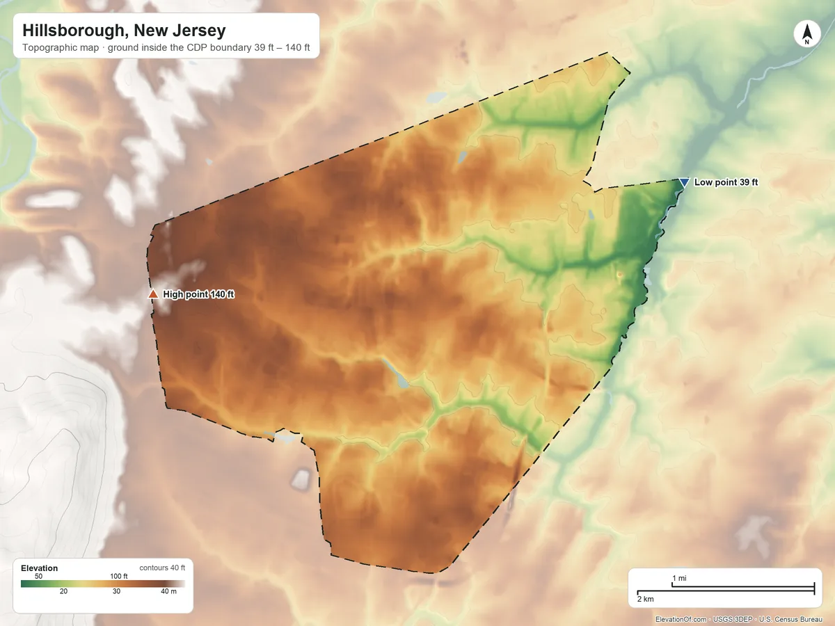 Topographic elevation map of Hillsborough, New Jersey, shaded from 39 ft on the east side to 140 ft on the west edge, below higher ground just outside