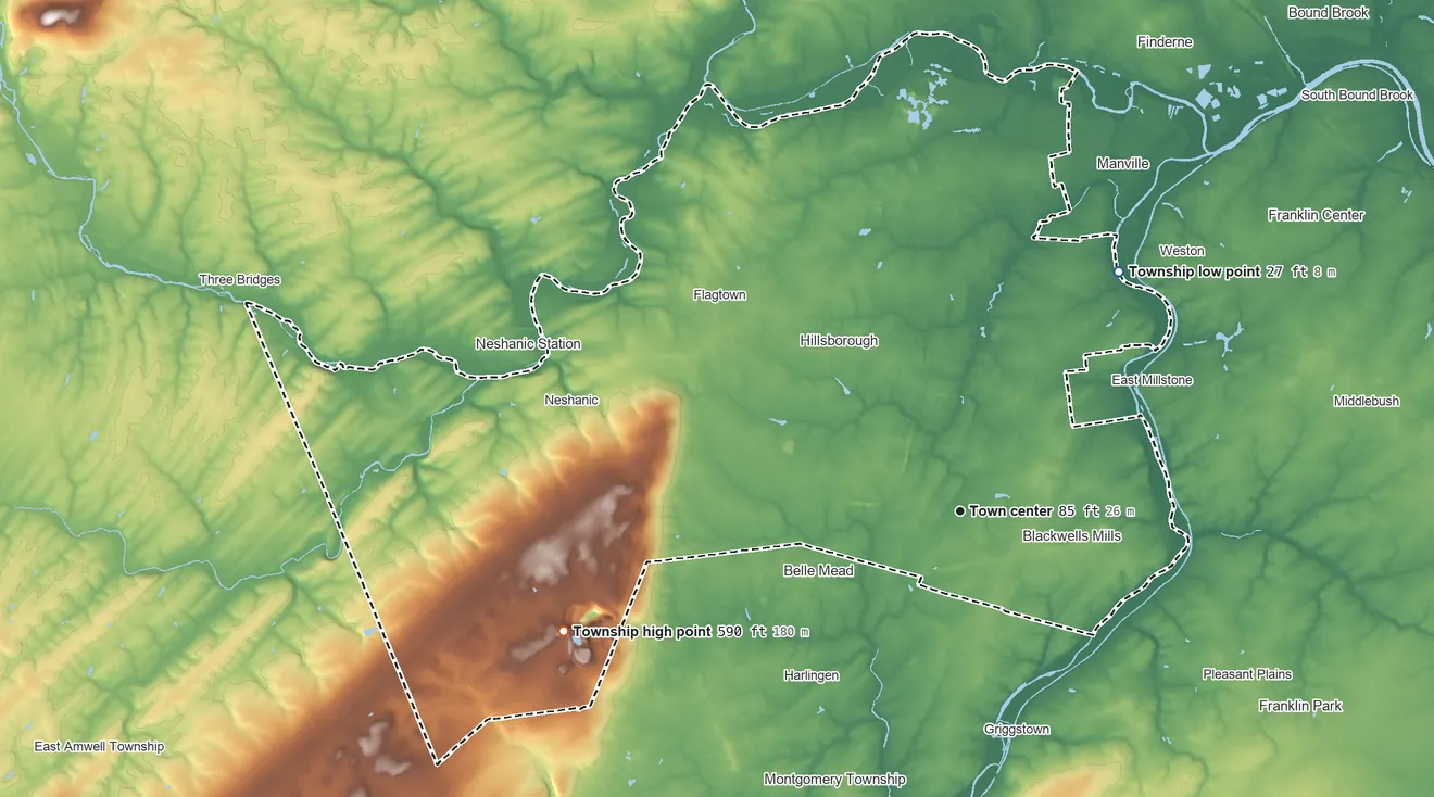 Topographic elevation map of Hillsborough Township, New Jersey, shaded from 27 ft on the northeast side to 590 ft on the west side