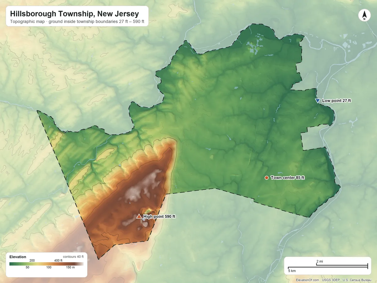 Topographic elevation map of Hillsborough Township, New Jersey, shaded from 27 ft on the northeast side to 590 ft on the west side