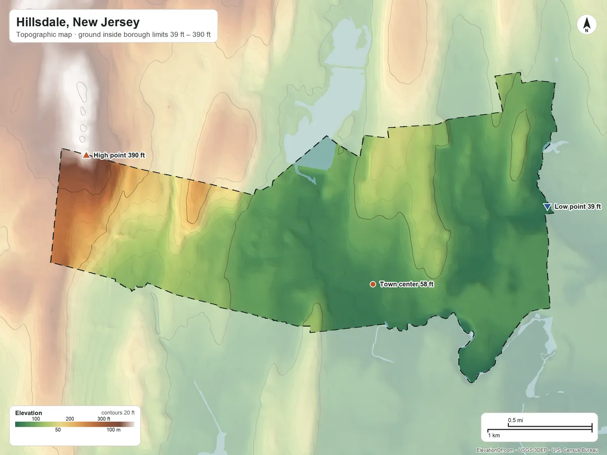 Topographic elevation map of Hillsdale, New Jersey, shaded from 39 ft on the northeast side to 390 ft on the northwest side