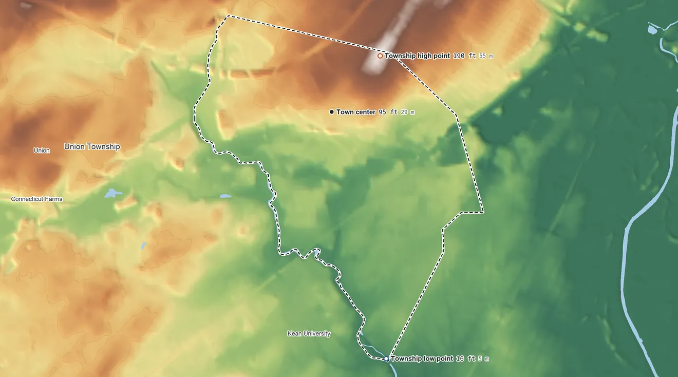 Topographic elevation map of Hillside Township, New Jersey, shaded from 16 ft on the south side to 190 ft on the northeast side