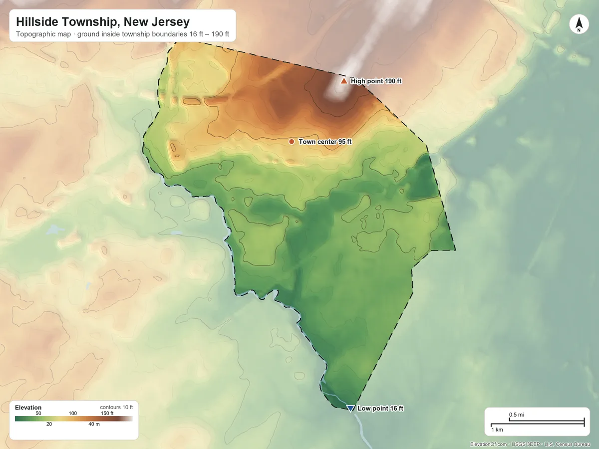 Topographic elevation map of Hillside Township, New Jersey, shaded from 16 ft on the south side to 190 ft on the northeast side