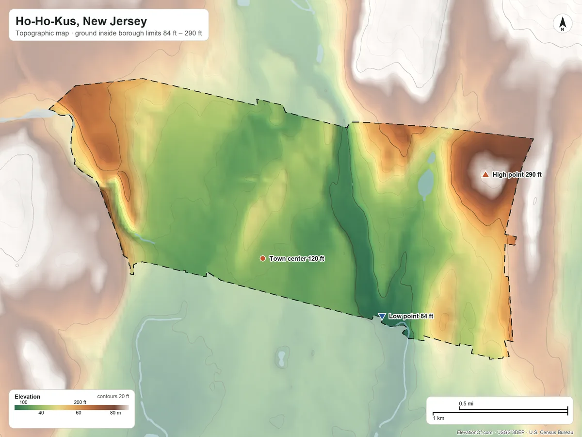 Topographic elevation map of Ho-Ho-Kus, New Jersey, shaded from 84 ft on the southeast side to 290 ft on the east side