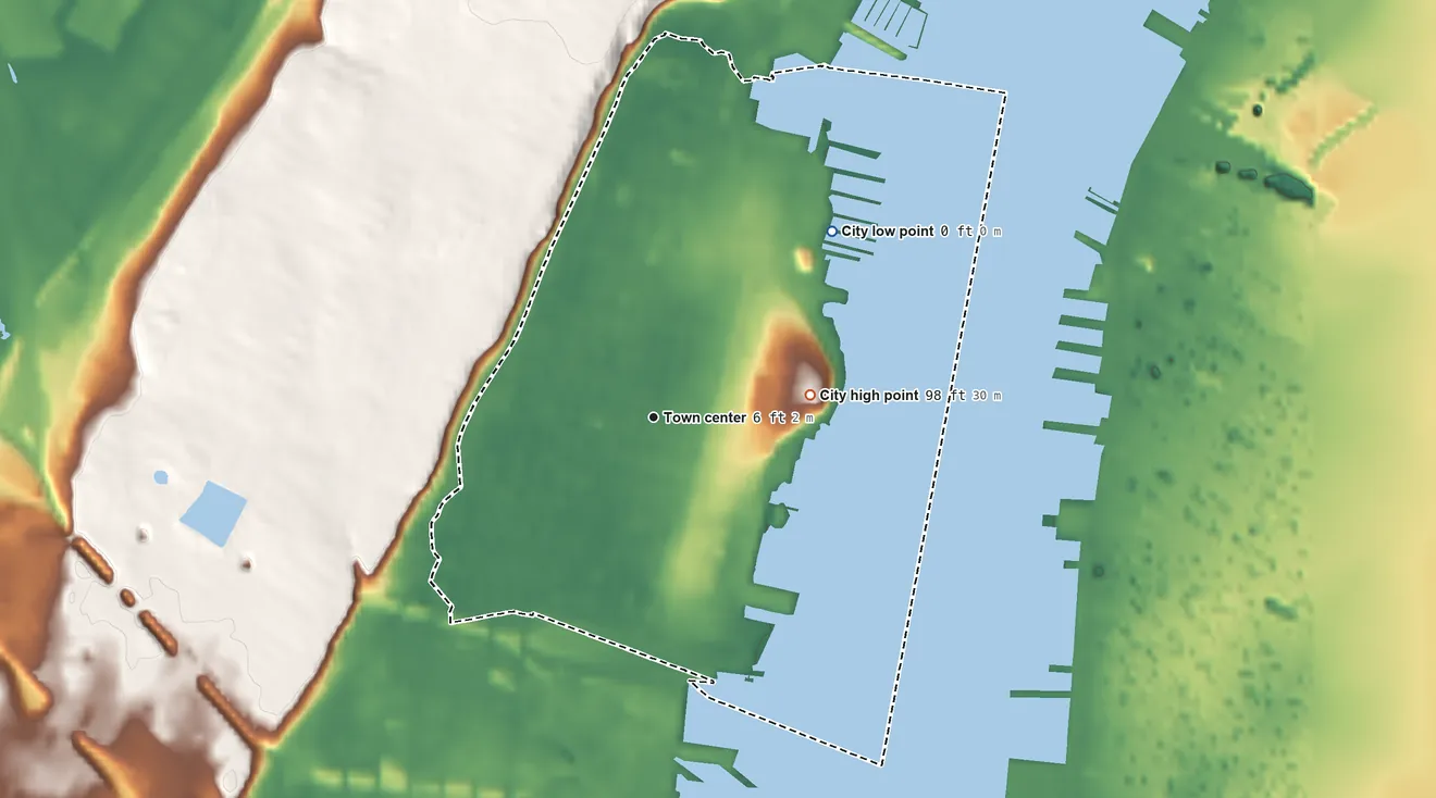 Topographic elevation map of Hoboken, New Jersey, shaded from 0 ft on the northeast side to 98 ft on the east side