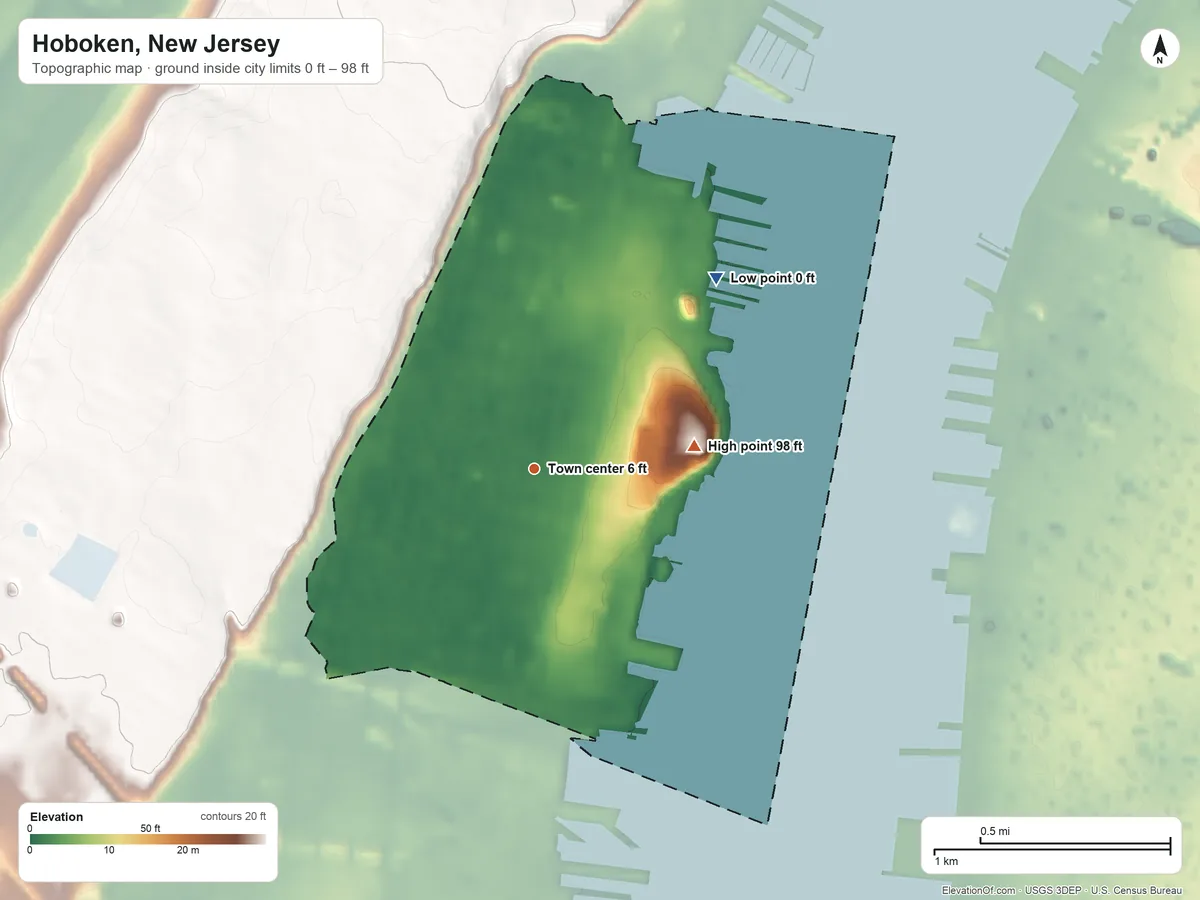 Topographic elevation map of Hoboken, New Jersey, shaded from 0 ft on the northeast side to 98 ft on the east side