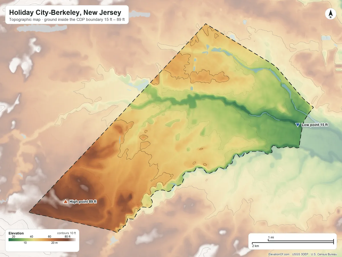 Topographic elevation map of Holiday City-Berkeley, New Jersey, shaded from 15 ft on the east side to 89 ft on the southwest side