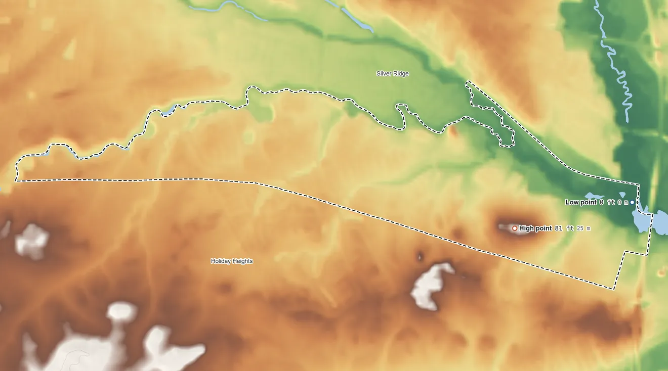 Topographic elevation map of Holiday City South, New Jersey, shaded from 0 ft on the east side to 81 ft on the east side