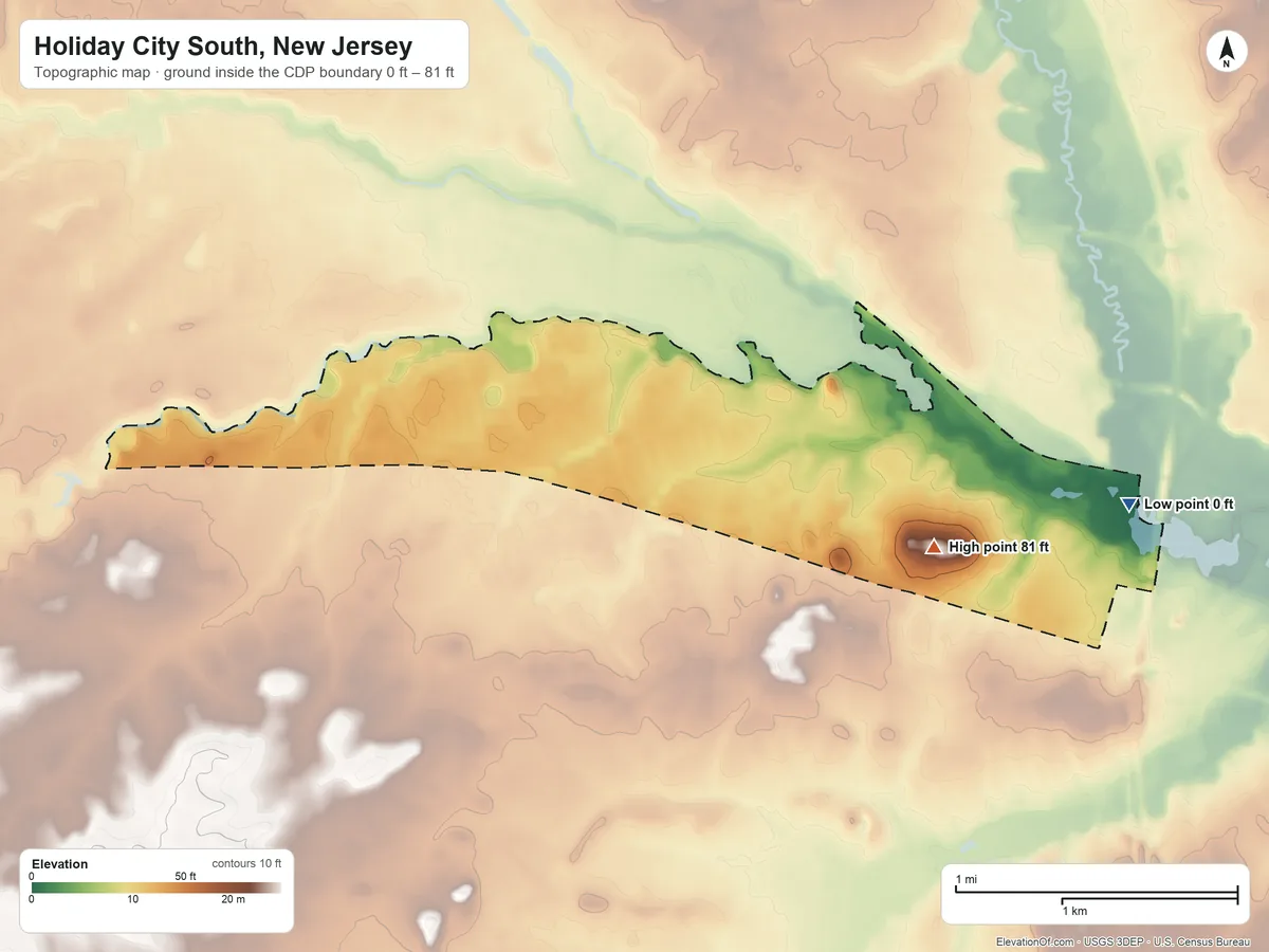 Topographic elevation map of Holiday City South, New Jersey, shaded from 0 ft on the east side to 81 ft on the east side