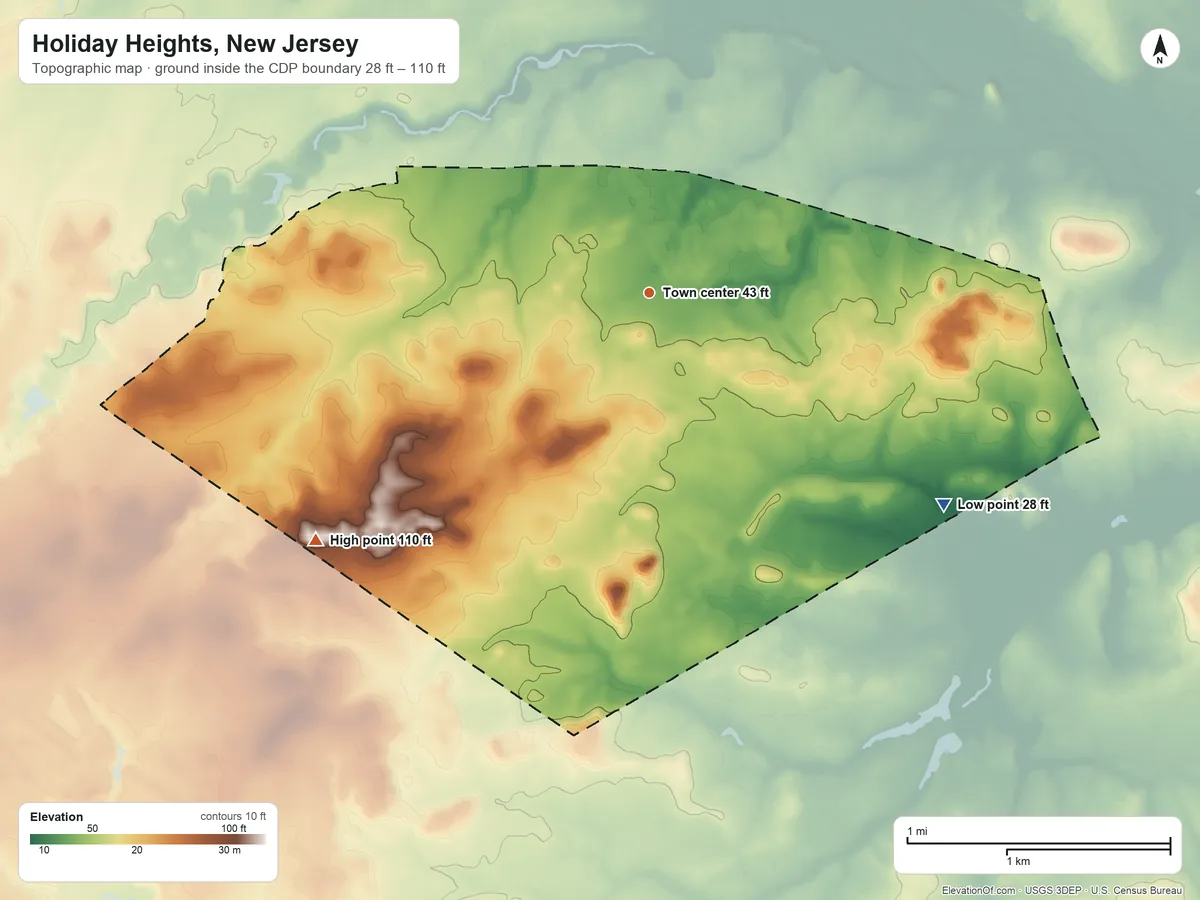 Topographic elevation map of Holiday Heights, New Jersey, shaded from 28 ft on the southeast side to 110 ft on the southwest side