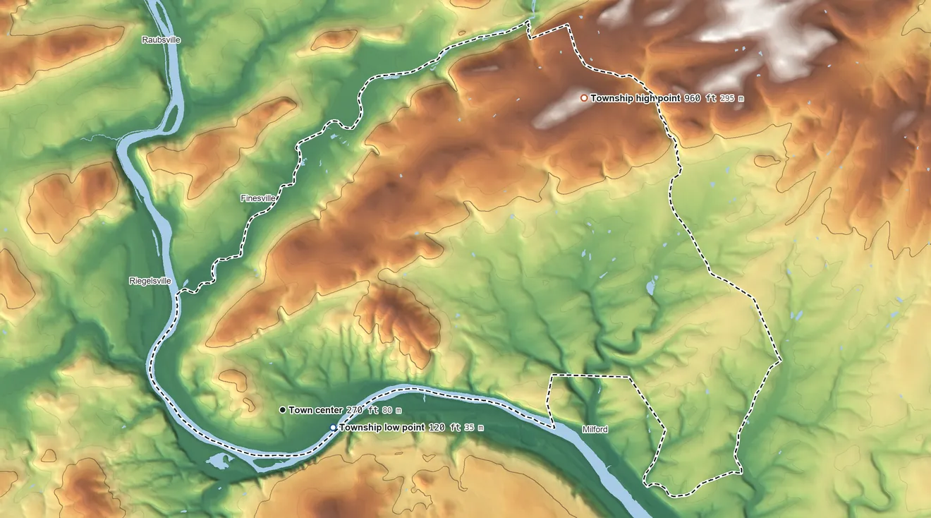 Topographic elevation map of Holland Township, New Jersey, shaded from 120 ft near the middle to 960 ft on the northeast side