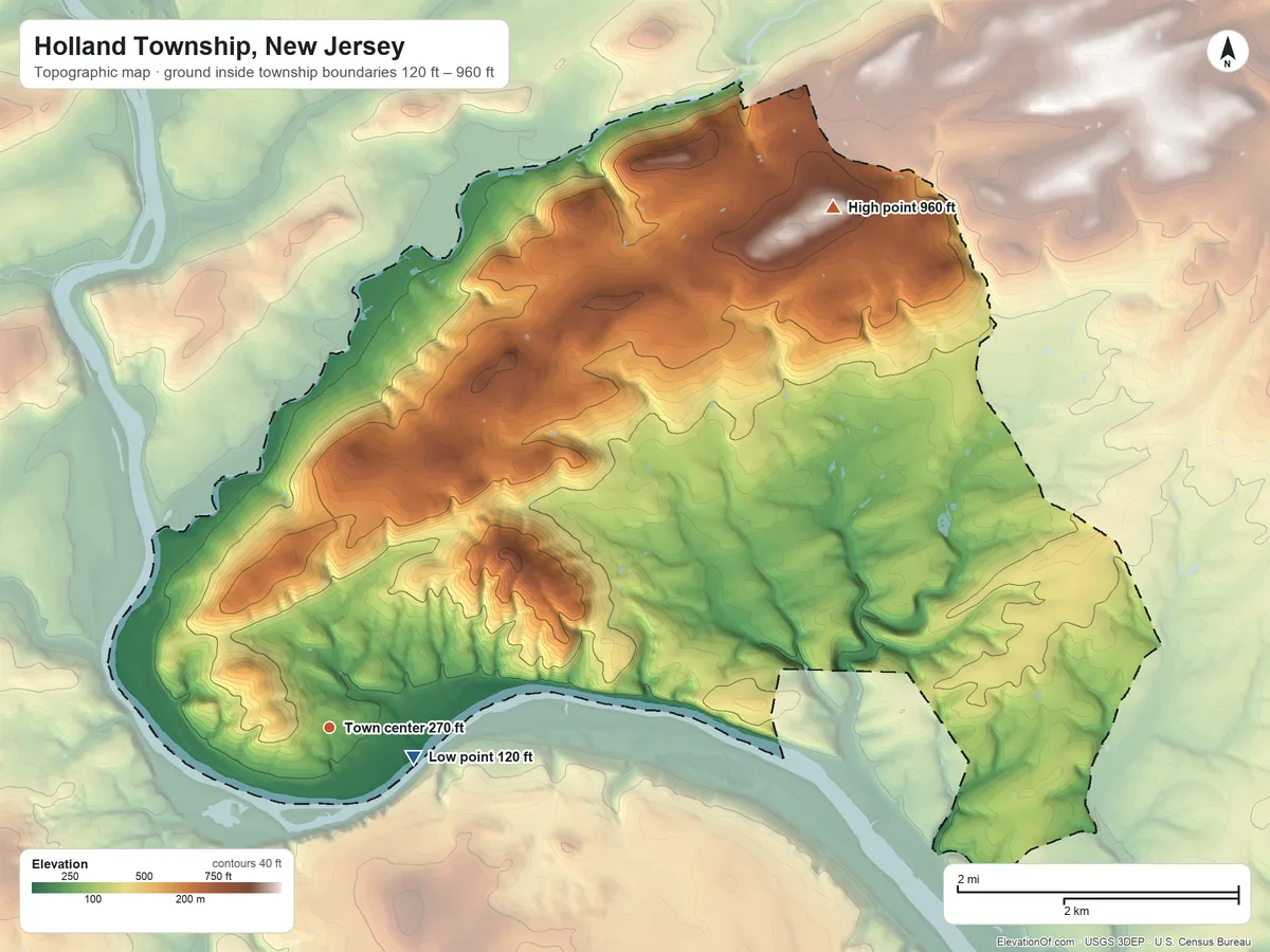 Topographic elevation map of Holland Township, New Jersey, shaded from 120 ft near the middle to 960 ft on the northeast side