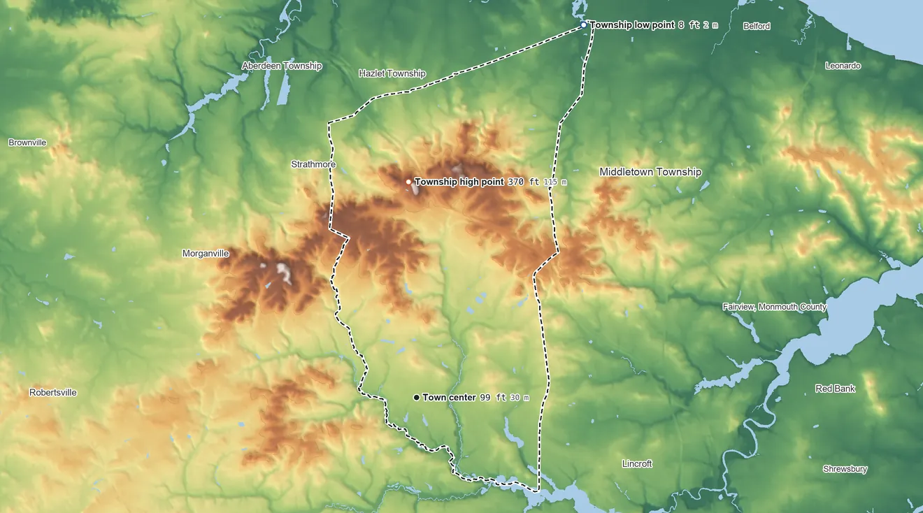 Topographic elevation map of Holmdel Township, New Jersey, shaded from 8 ft on the northeast side to 370 ft on Crawford Hill