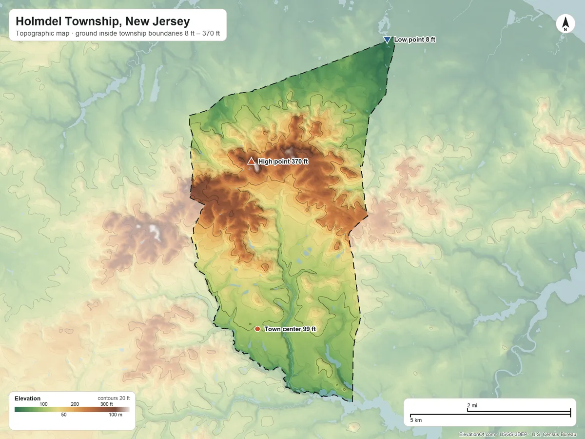 Topographic elevation map of Holmdel Township, New Jersey, shaded from 8 ft on the northeast side to 370 ft on Crawford Hill