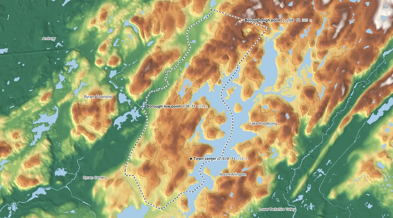 Topographic elevation map of Hopatcong, New Jersey, shaded from 730 ft on the northwest side to 1,260 ft on the north side