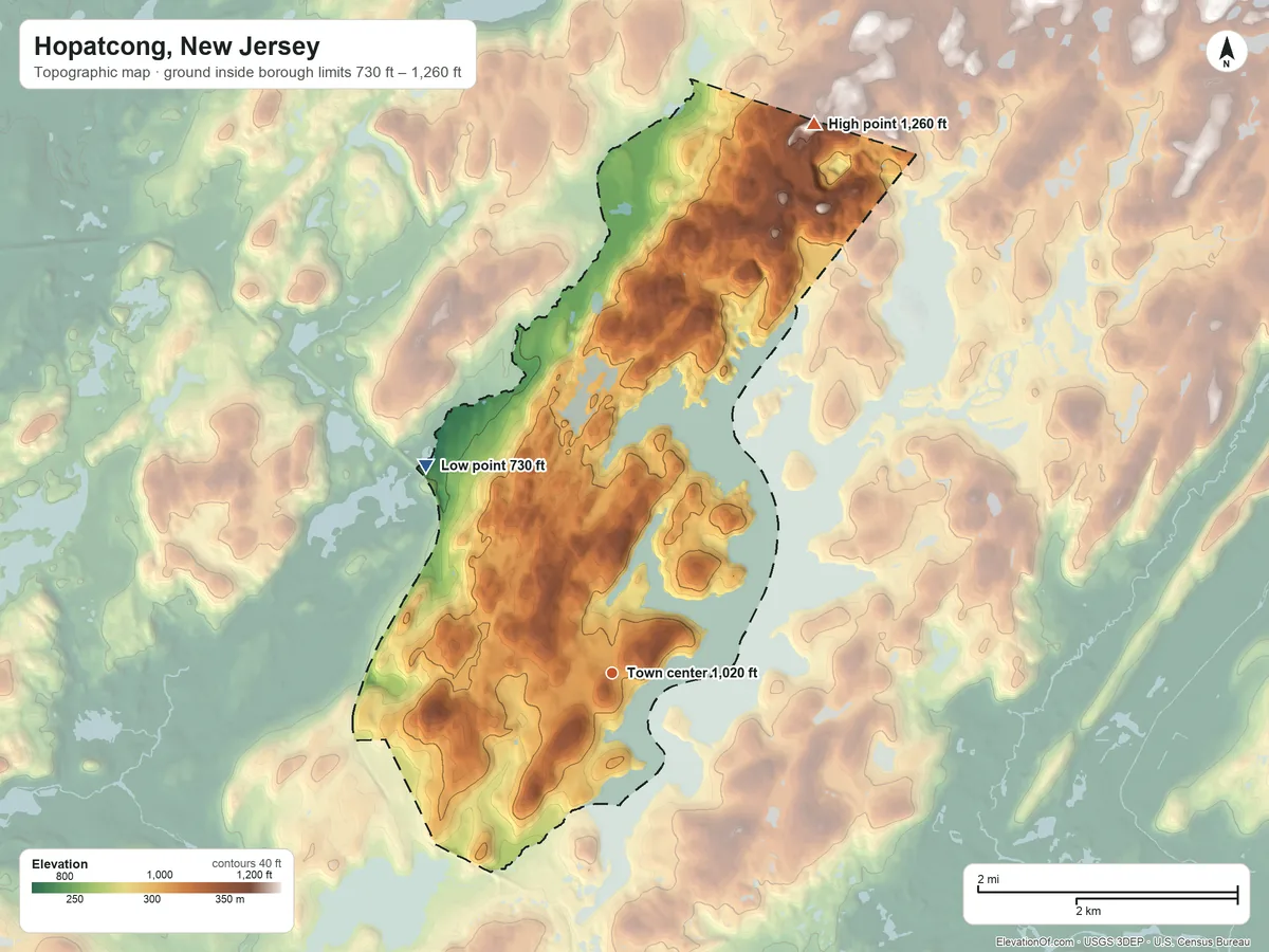 Topographic elevation map of Hopatcong, New Jersey, shaded from 730 ft on the northwest side to 1,260 ft on the north side
