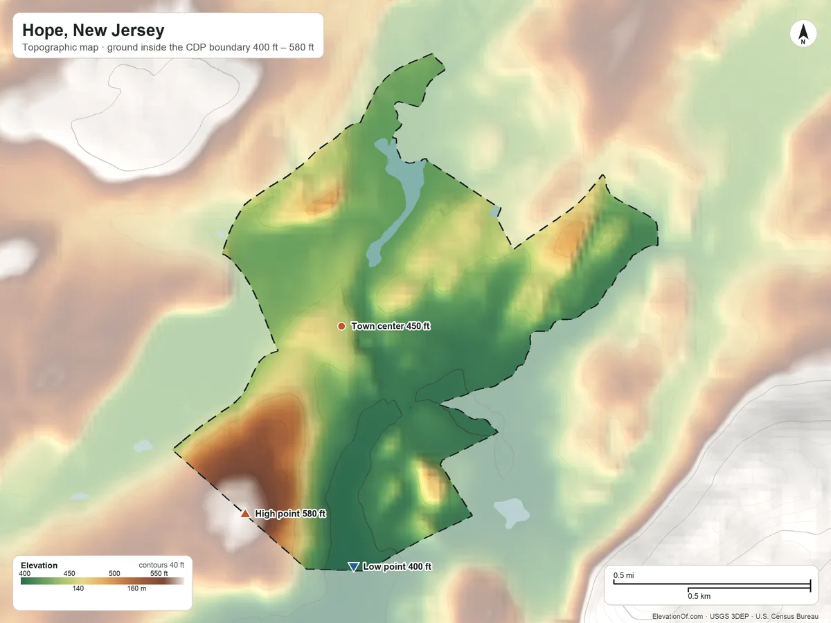 Topographic elevation map of Hope, New Jersey, shaded from 400 ft on the south side to 580 ft at the foot of the Fox Hill Range
