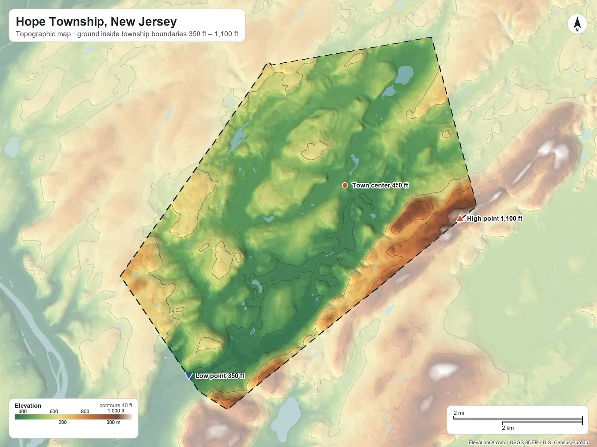 Topographic elevation map of Hope Township, New Jersey, shaded from 350 ft on the southwest side to 1,100 ft on the east side