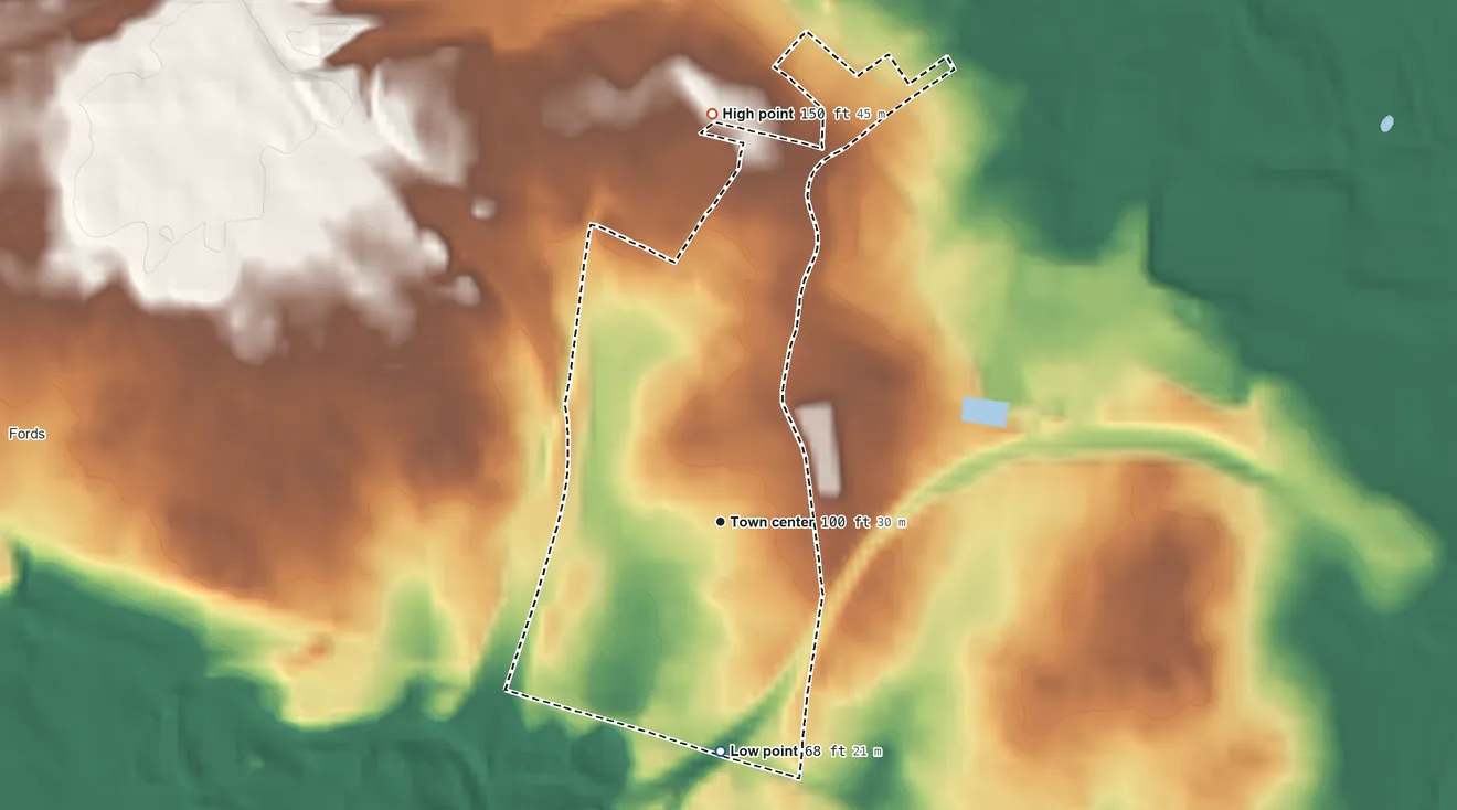 Topographic elevation map of Hopelawn, New Jersey, shaded from 68 ft on the south side to 150 ft on the north side