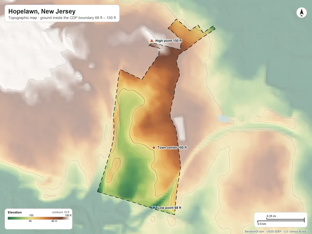 Topographic elevation map of Hopelawn, New Jersey, shaded from 68 ft on the south side to 150 ft on the north side