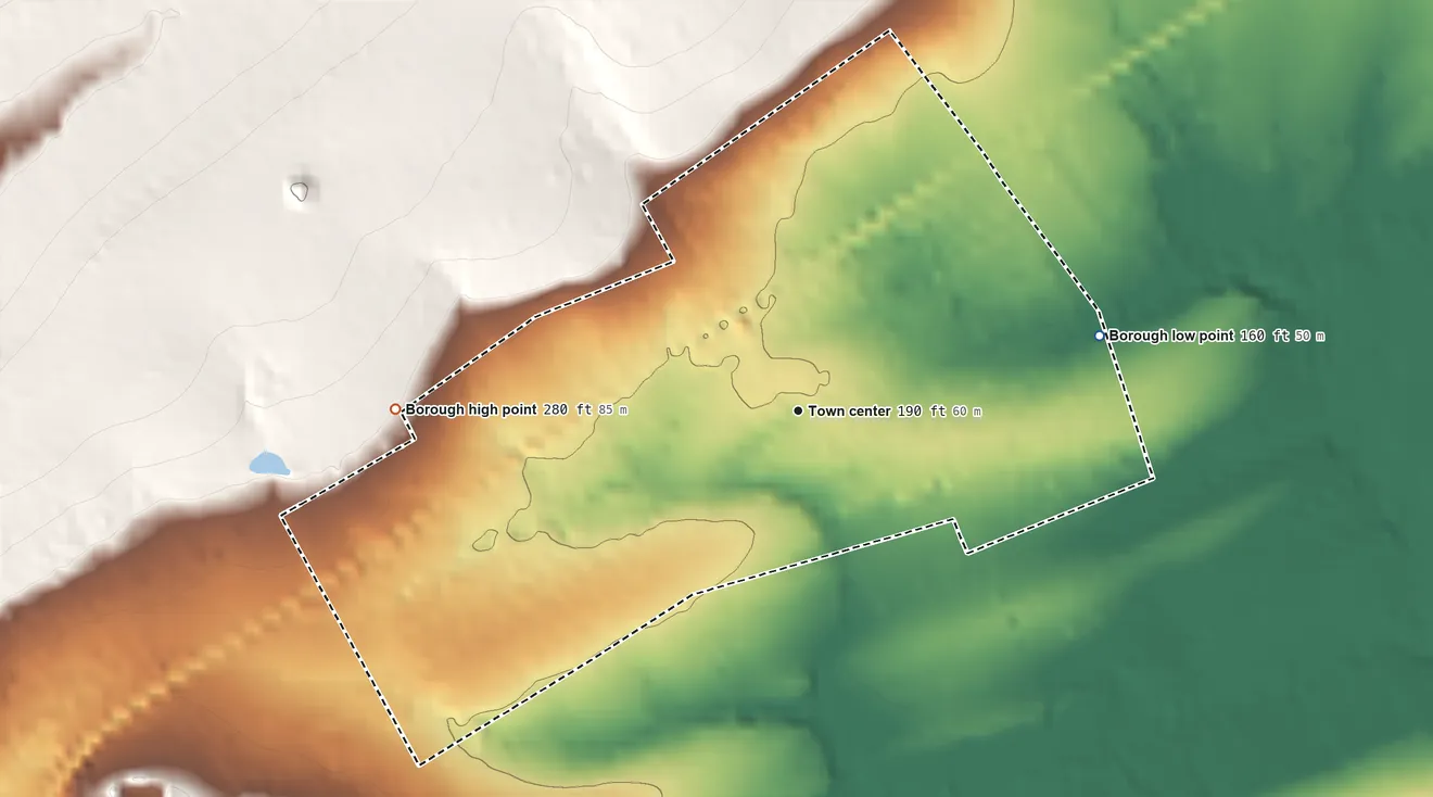 Topographic elevation map of Hopewell, New Jersey, shaded from 160 ft on the east side to 280 ft on the west side