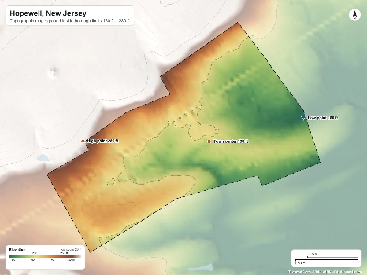 Topographic elevation map of Hopewell, New Jersey, shaded from 160 ft on the east side to 280 ft on the west side