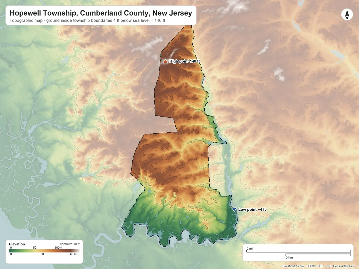 Topographic elevation map of Hopewell Township, Cumberland County, New Jersey, shaded from −4 ft on the southeast side to 140 ft on the north side