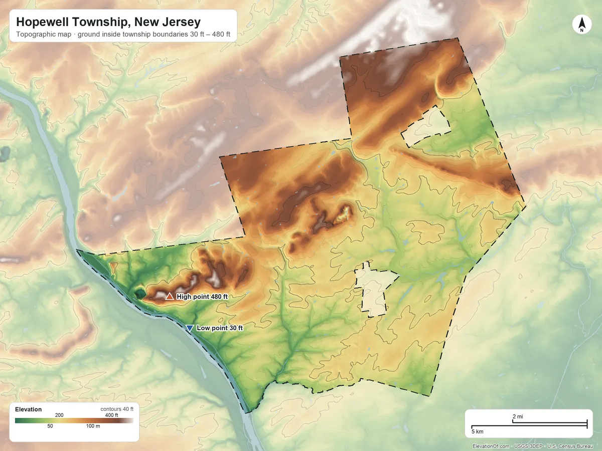 Topographic elevation map of Hopewell Township, New Jersey, shaded from 30 ft on the west side to 480 ft on Strawberry Hill