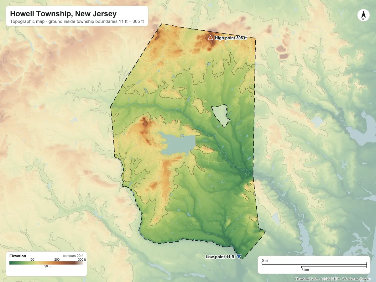Topographic elevation map of Howell Township, New Jersey, shaded from 11 ft on the southeast side to 305 ft on Throck Morton Hill