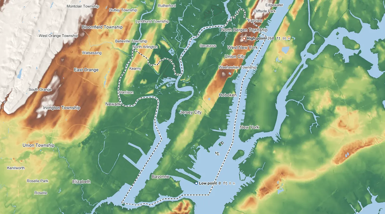 Topographic elevation map of Hudson County, New Jersey, shaded from sea level on New York Bay to 260 ft on the northeast side