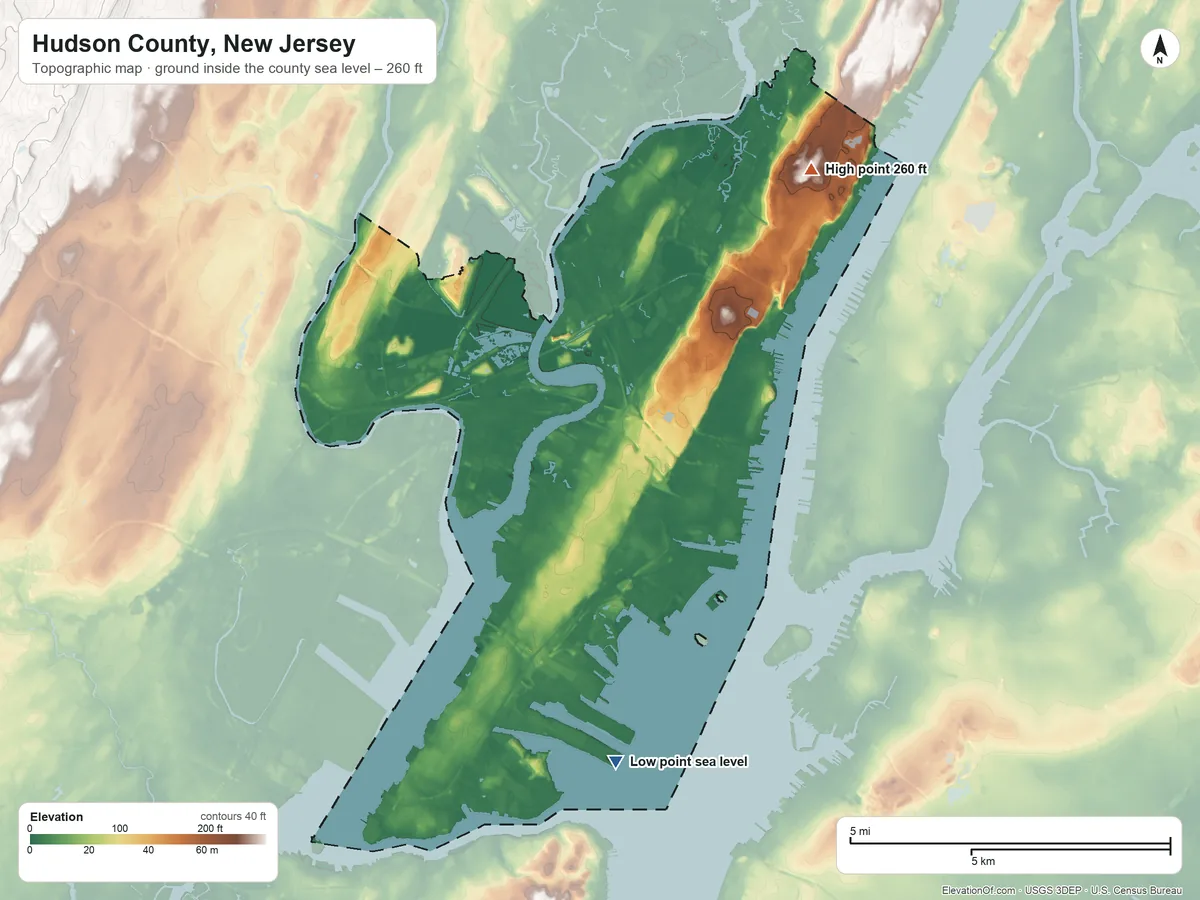 Topographic elevation map of Hudson County, New Jersey, shaded from sea level on New York Bay to 260 ft on the northeast side