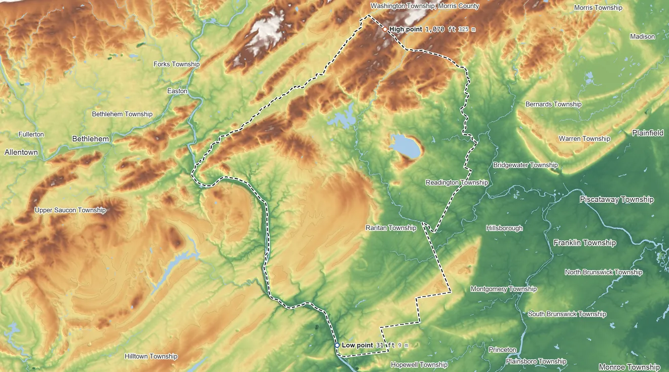 Topographic elevation map of Hunterdon County, New Jersey, shaded from 31 ft on the south side to 1,070 ft on the north side