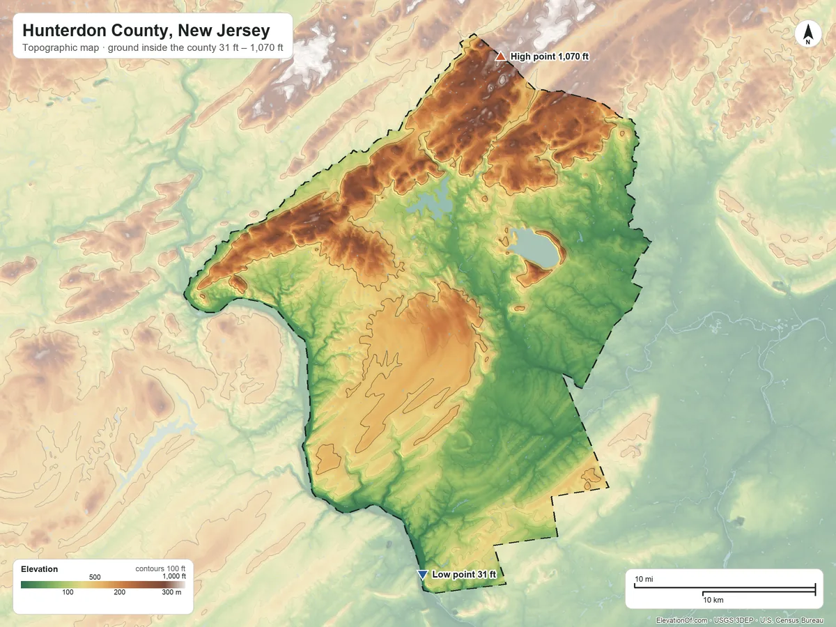 Topographic elevation map of Hunterdon County, New Jersey, shaded from 31 ft on the south side to 1,070 ft on the north side