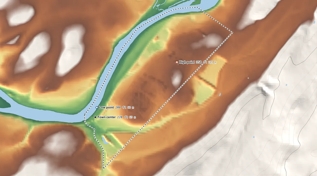Topographic elevation map of Hutchinson, New Jersey, shaded from 200 ft near the middle to 350 ft on the northeast edge, below higher ground just outside