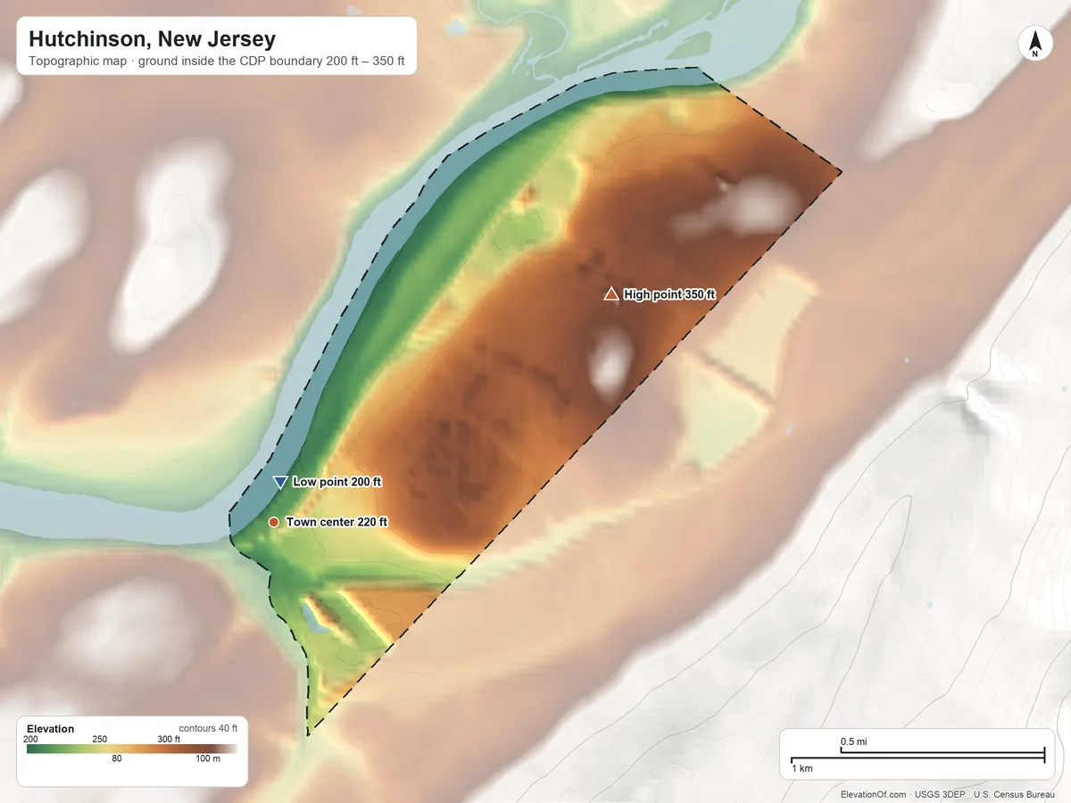 Topographic elevation map of Hutchinson, New Jersey, shaded from 200 ft near the middle to 350 ft on the northeast edge, below higher ground just outside