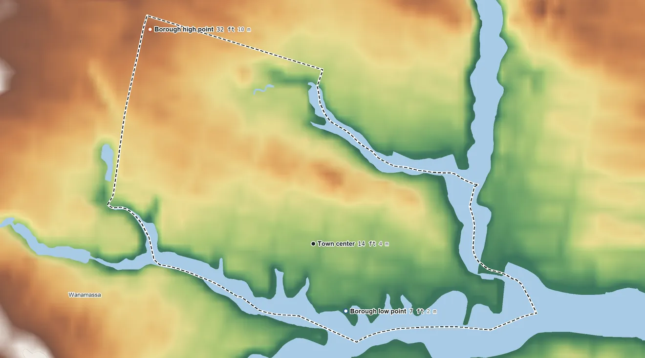 Topographic elevation map of Interlaken, New Jersey, shaded from 7 ft on the southeast side to 32 ft on the northwest side