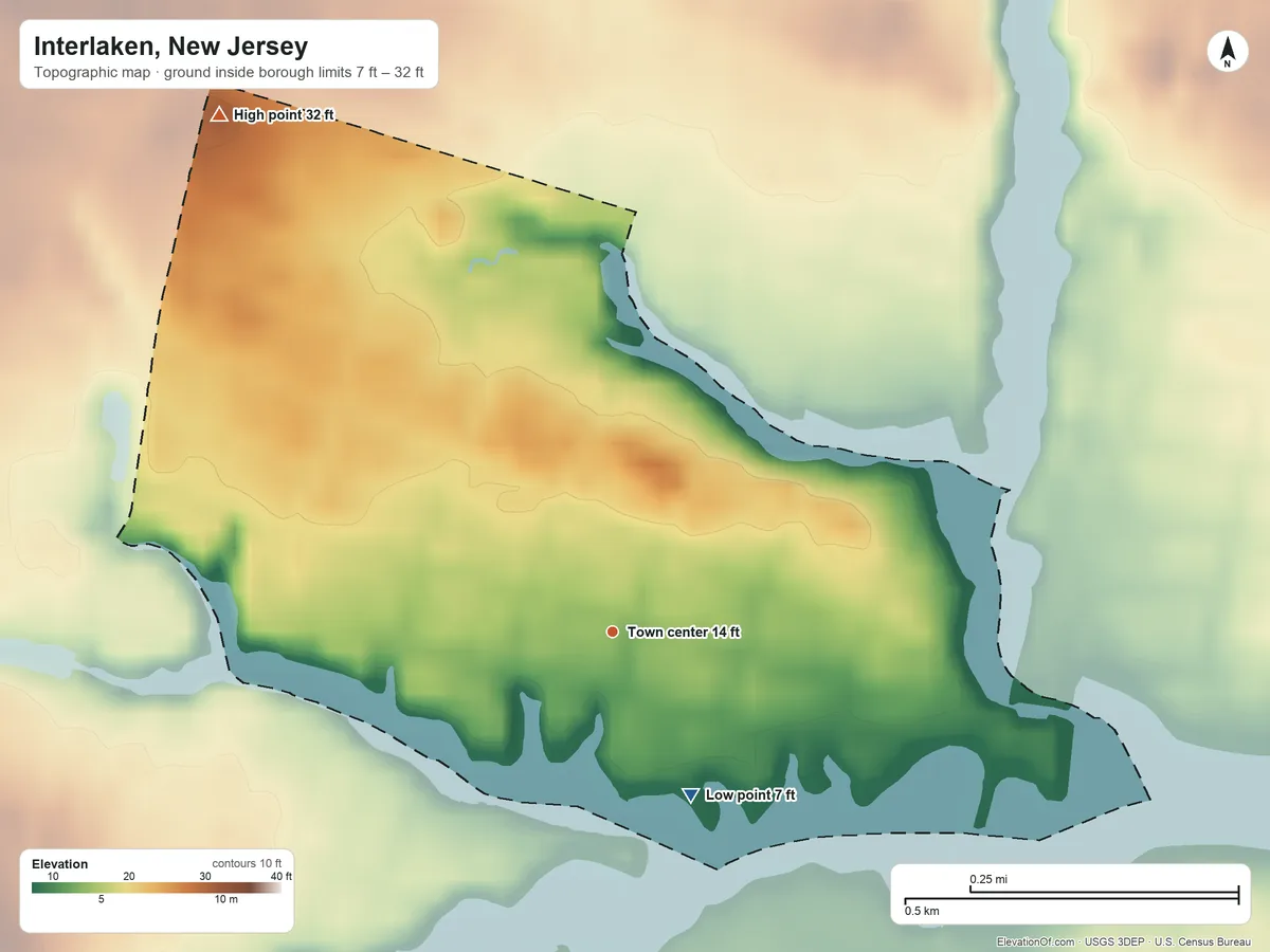 Topographic elevation map of Interlaken, New Jersey, shaded from 7 ft on the southeast side to 32 ft on the northwest side
