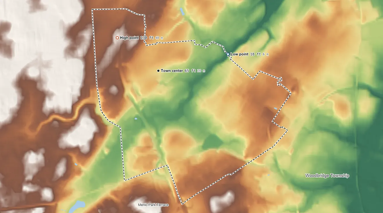 Topographic elevation map of Iselin, New Jersey, shaded from 18 ft on the east side to 130 ft on the northwest side