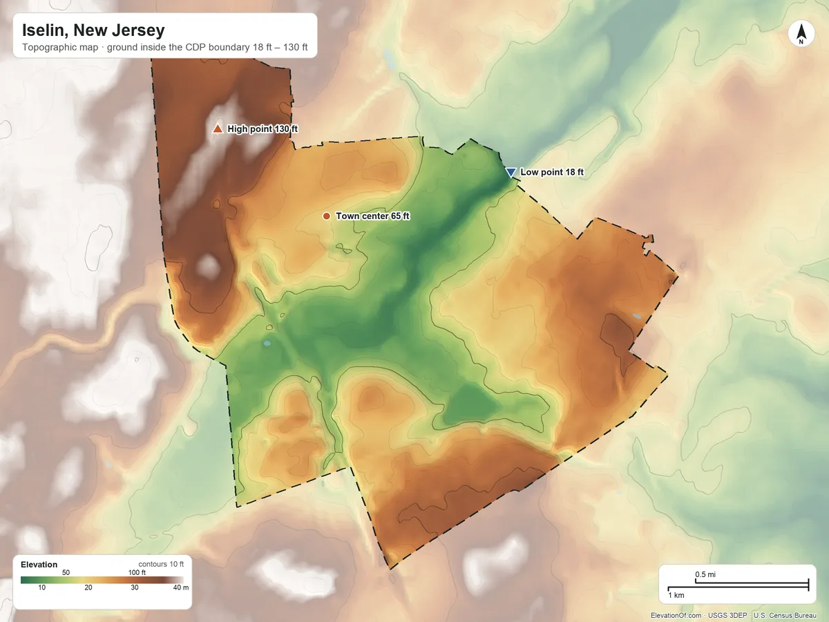 Topographic elevation map of Iselin, New Jersey, shaded from 18 ft on the east side to 130 ft on the northwest side