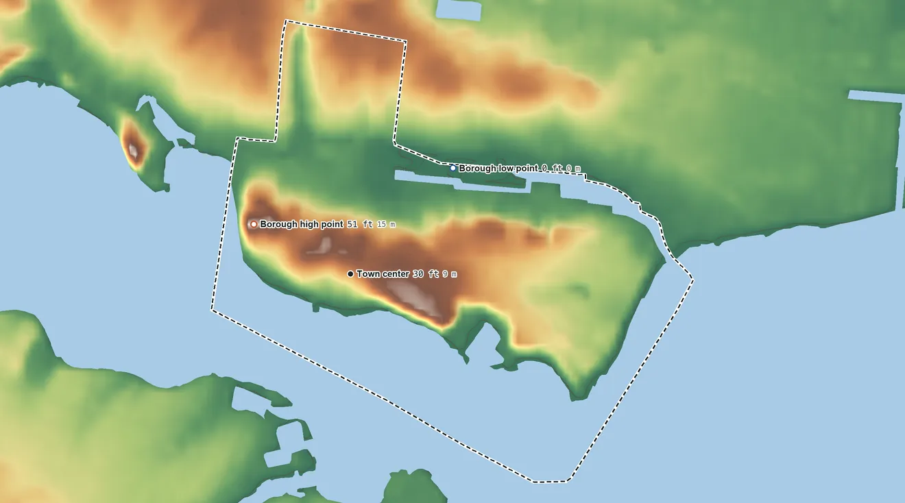 Topographic elevation map of Island Heights, New Jersey, shaded from 0 ft on the northeast side to 51 ft on the northwest side