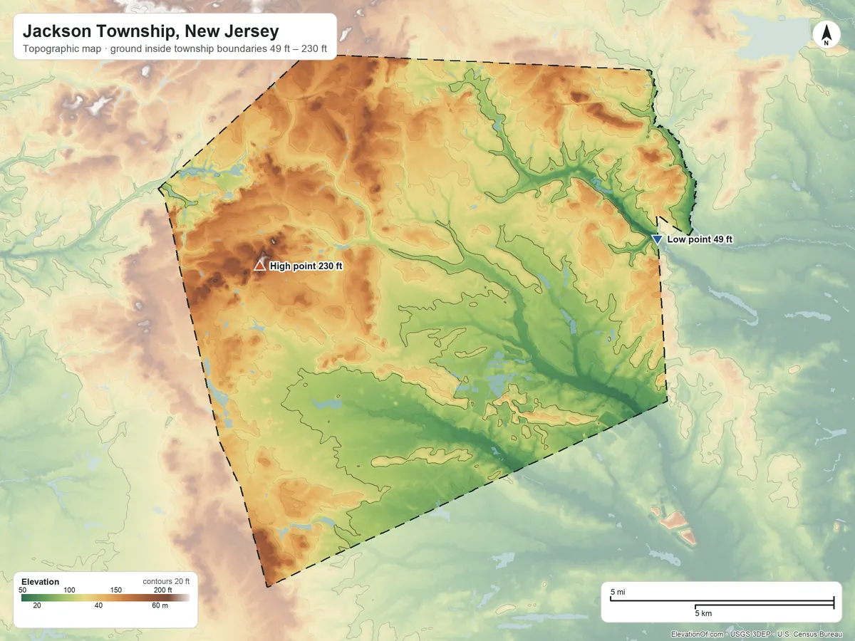 Topographic elevation map of Jackson Township, New Jersey, shaded from 49 ft on the east side to 230 ft on the west side