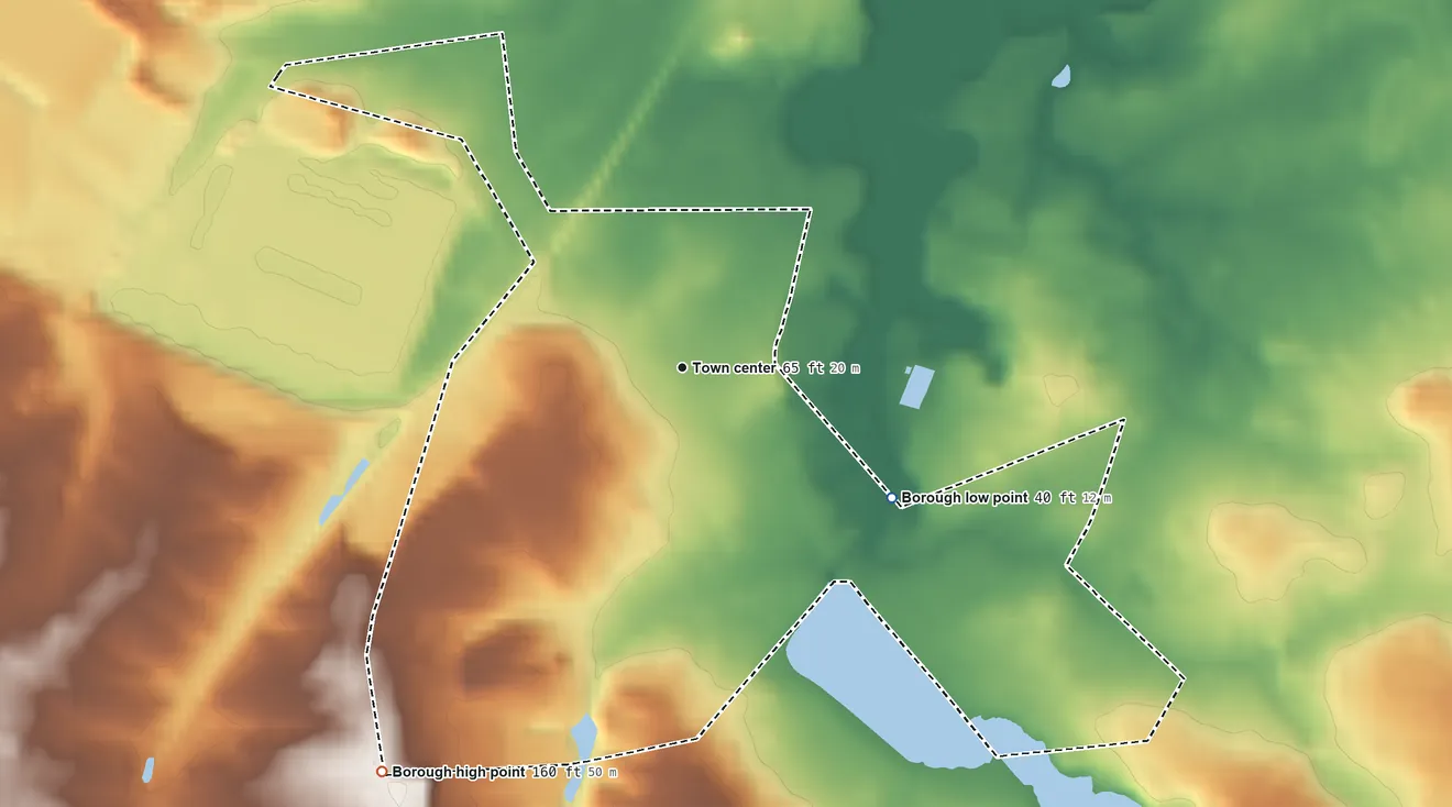 Topographic elevation map of Jamesburg, New Jersey, shaded from 40 ft on the southeast side to 160 ft on the southwest side