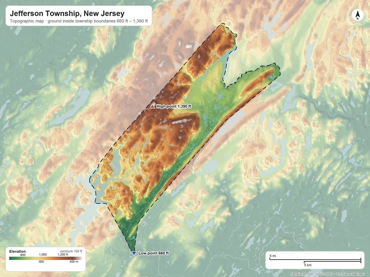 Topographic elevation map of Jefferson Township, New Jersey, shaded from 660 ft on the south side to 1,390 ft near the middle
