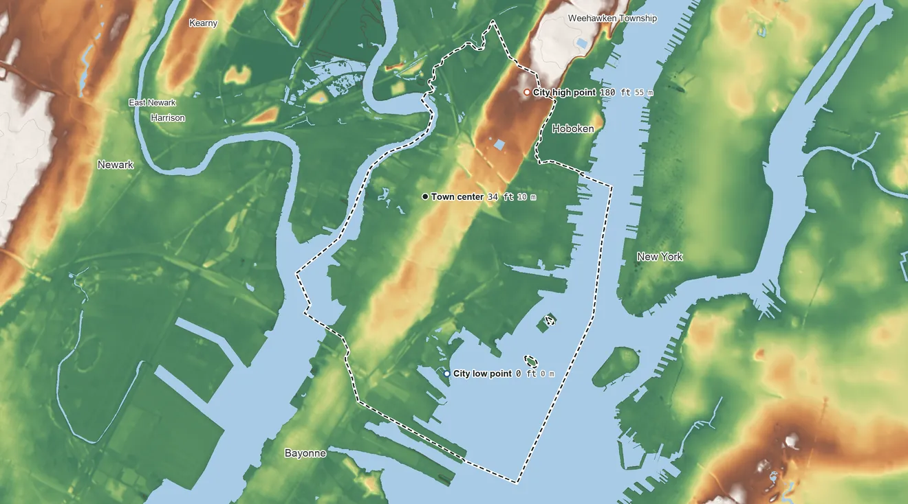 Topographic elevation map of Jersey City, New Jersey, shaded from sea level level on New York Bay to 180 ft on the northeast side