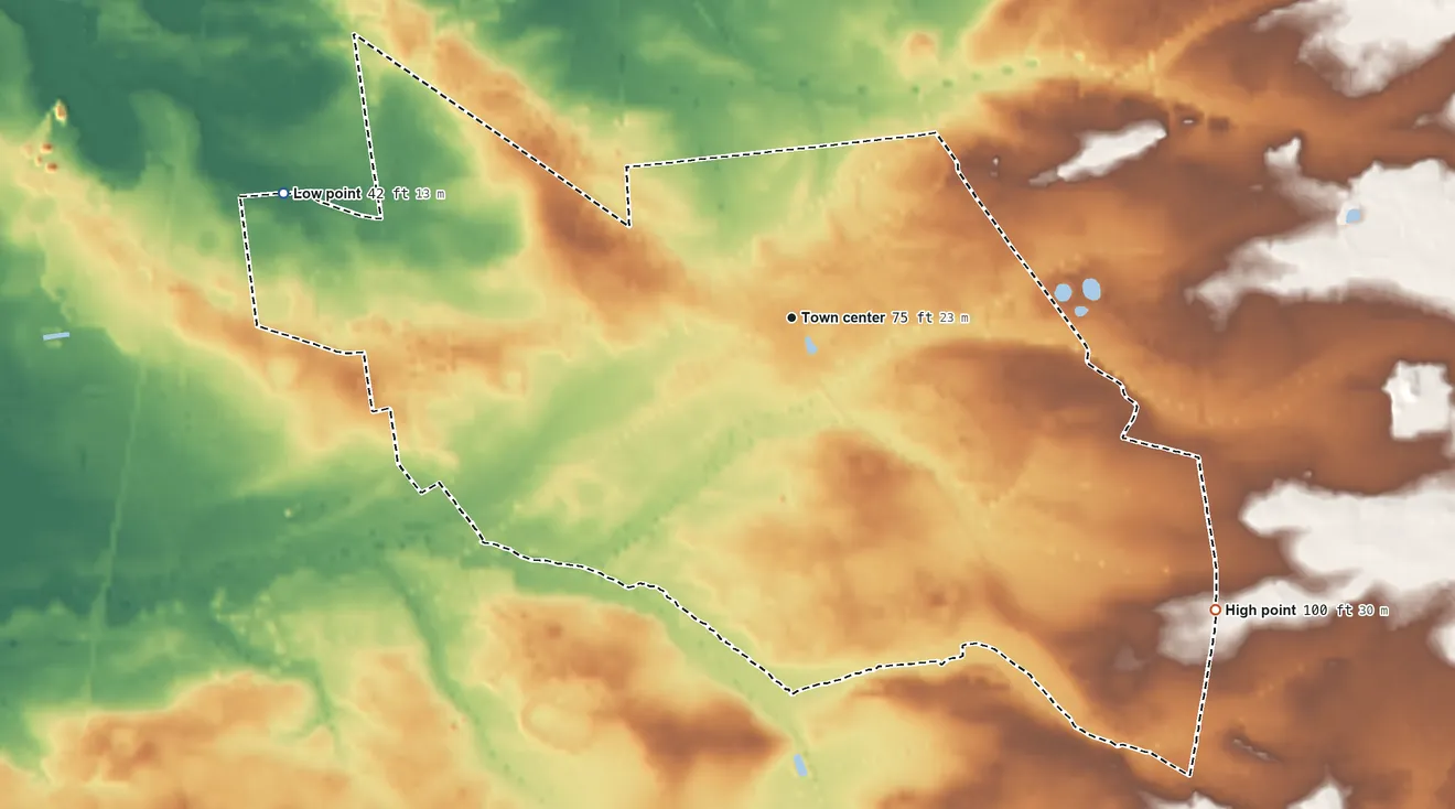 Topographic elevation map of Jobstown, New Jersey, shaded from 42 ft on the west side to 100 ft on the southeast side