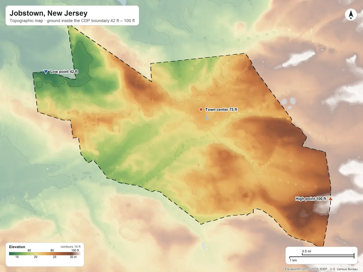 Topographic elevation map of Jobstown, New Jersey, shaded from 42 ft on the west side to 100 ft on the southeast side