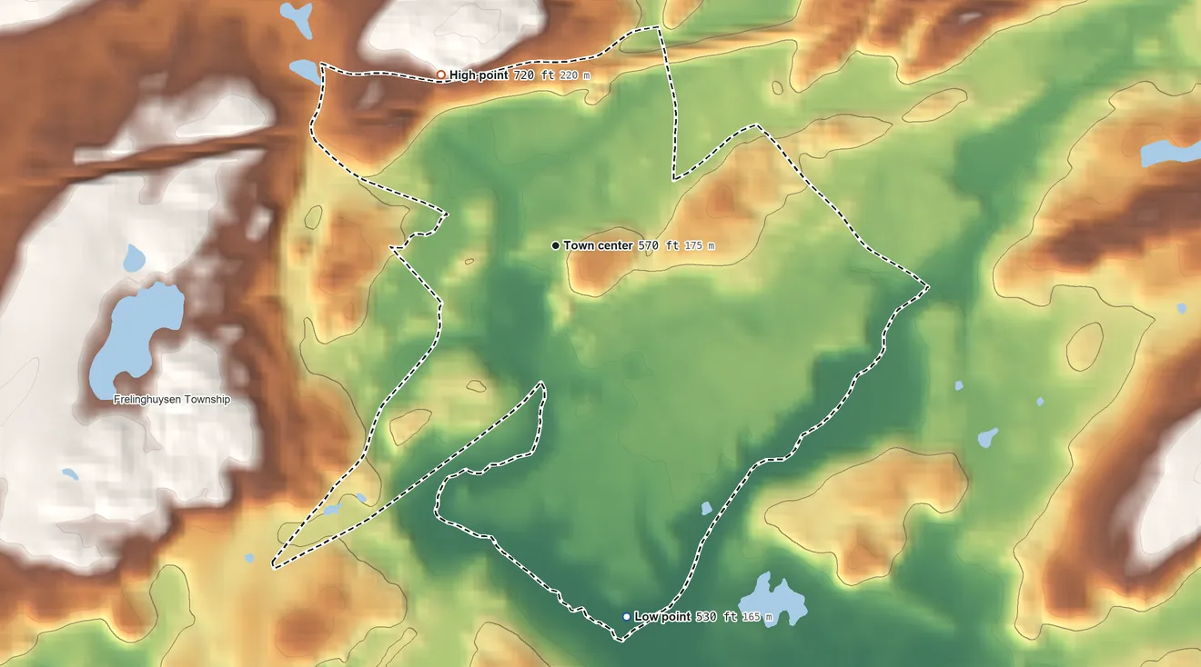 Topographic elevation map of Johnsonburg, New Jersey, shaded from 530 ft on the south side to 720 ft on the northwest side
