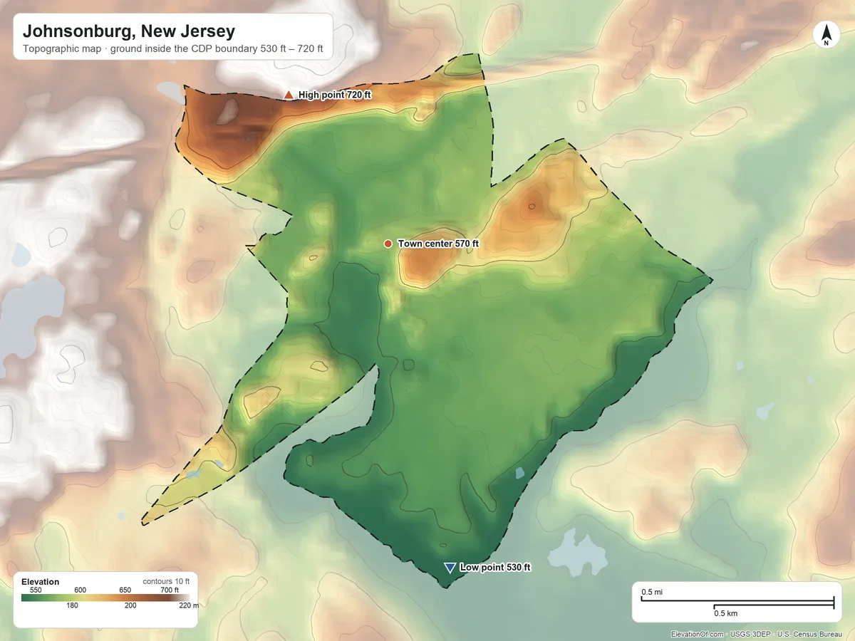 Topographic elevation map of Johnsonburg, New Jersey, shaded from 530 ft on the south side to 720 ft on the northwest side